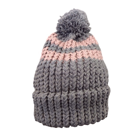 HANDMADE Knit Gray and Pink Pom Pom Beanie Hat OS Metallic Womens Ladies Girls - Picture 1 of 10